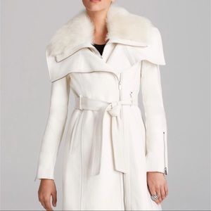 BCBGMaxAzria White Wool & Fur Pea Coat